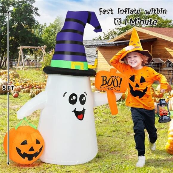 5 FT Halloween Inflatables Ghost Outdoor Decorations Blow Up Yard Cute Wizard - Picture 5 of 7